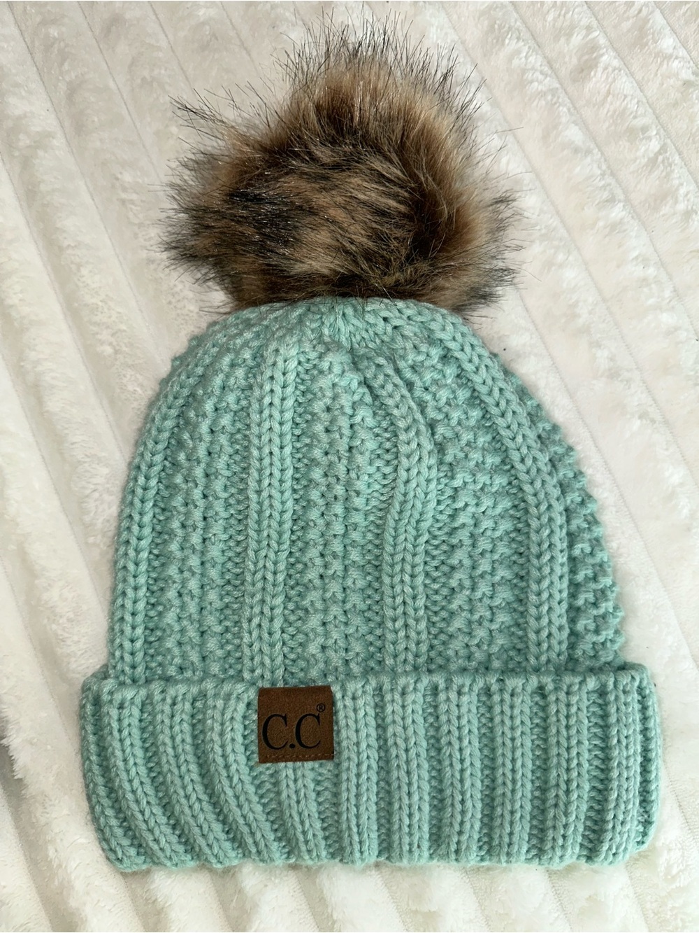 C.C Mint Green Knit Beanie with Faux Fur Pom